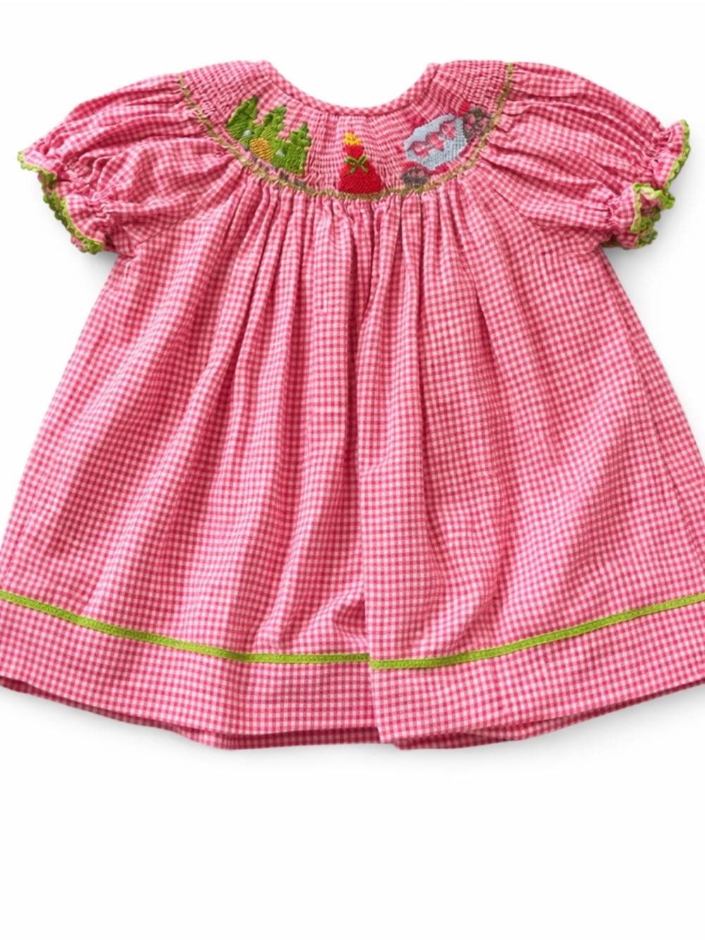 VINTAGE Character Smock Pink Hand Smocked Gingham Holiday Dress 12 Mo Baby Girl